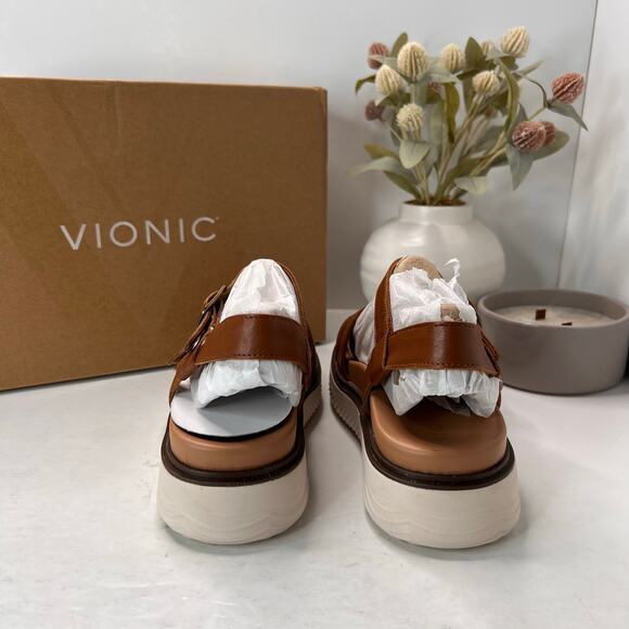 Vionic Solana Leather Strappy Platform Sandal Tan Buckle J4525L1200 Women 6W NWB - Picture 4 of 10